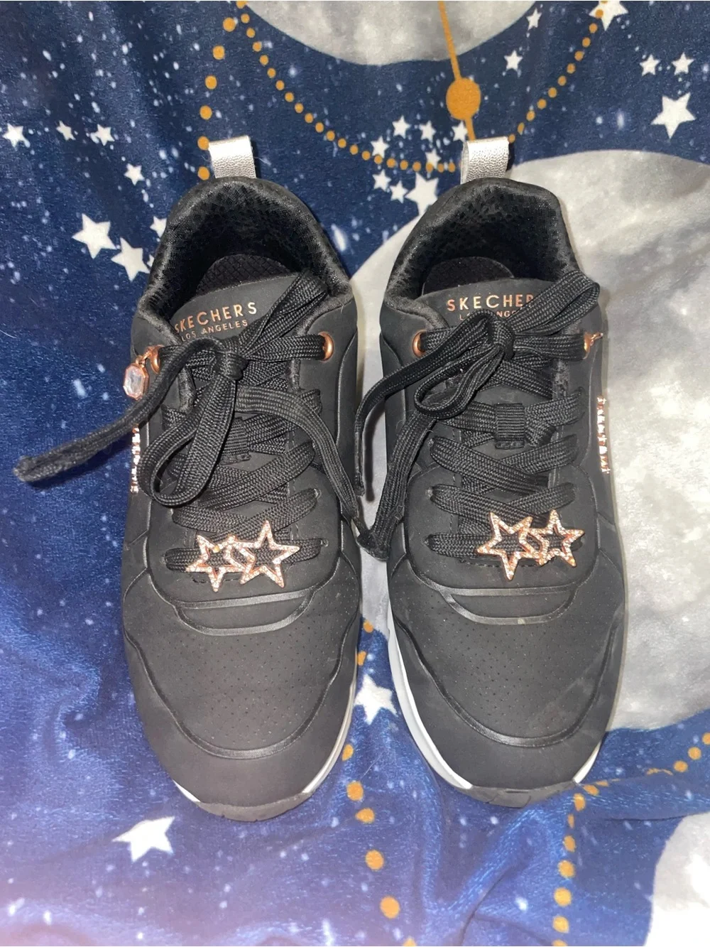 Skechers Kids Black Sneakers with Rose Gold Star Accents size 4